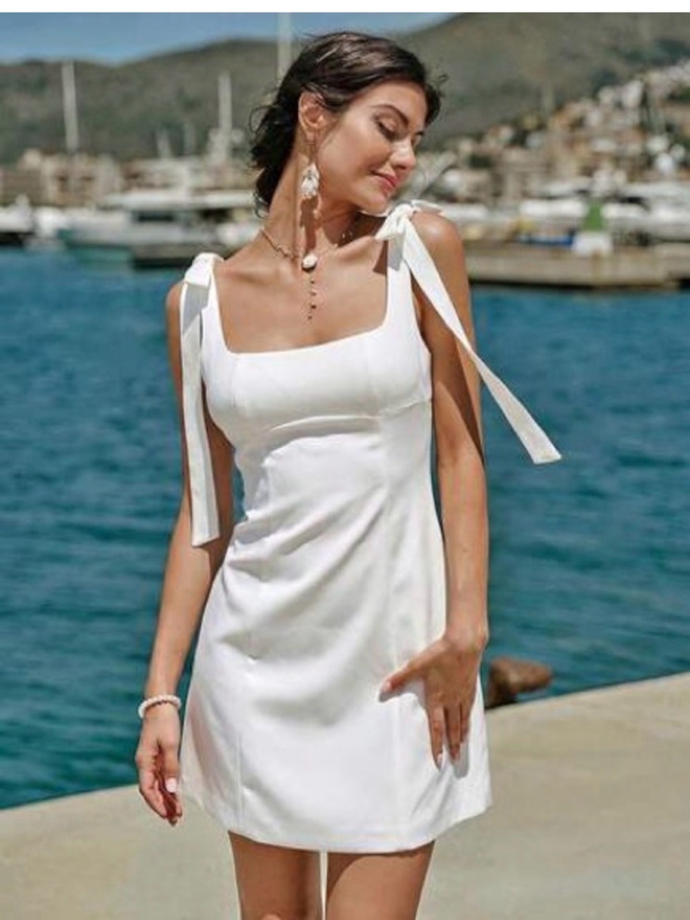 Zara White Tie-Shoulder Square Neck Mini Dress